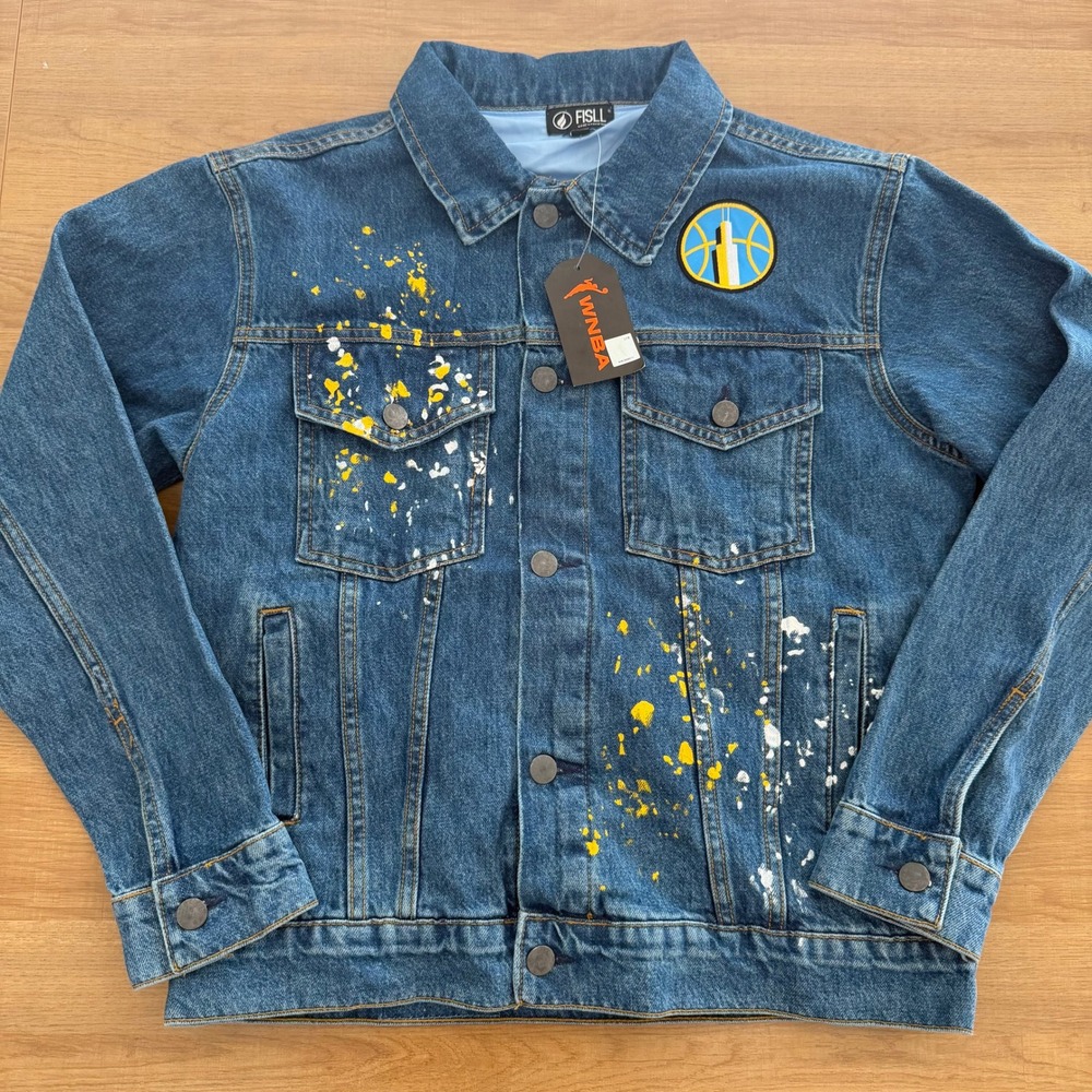 FISLL Chicago Sky Angel Reese WNBA Denim Jacket Blue Medium Paint Splatter NEW